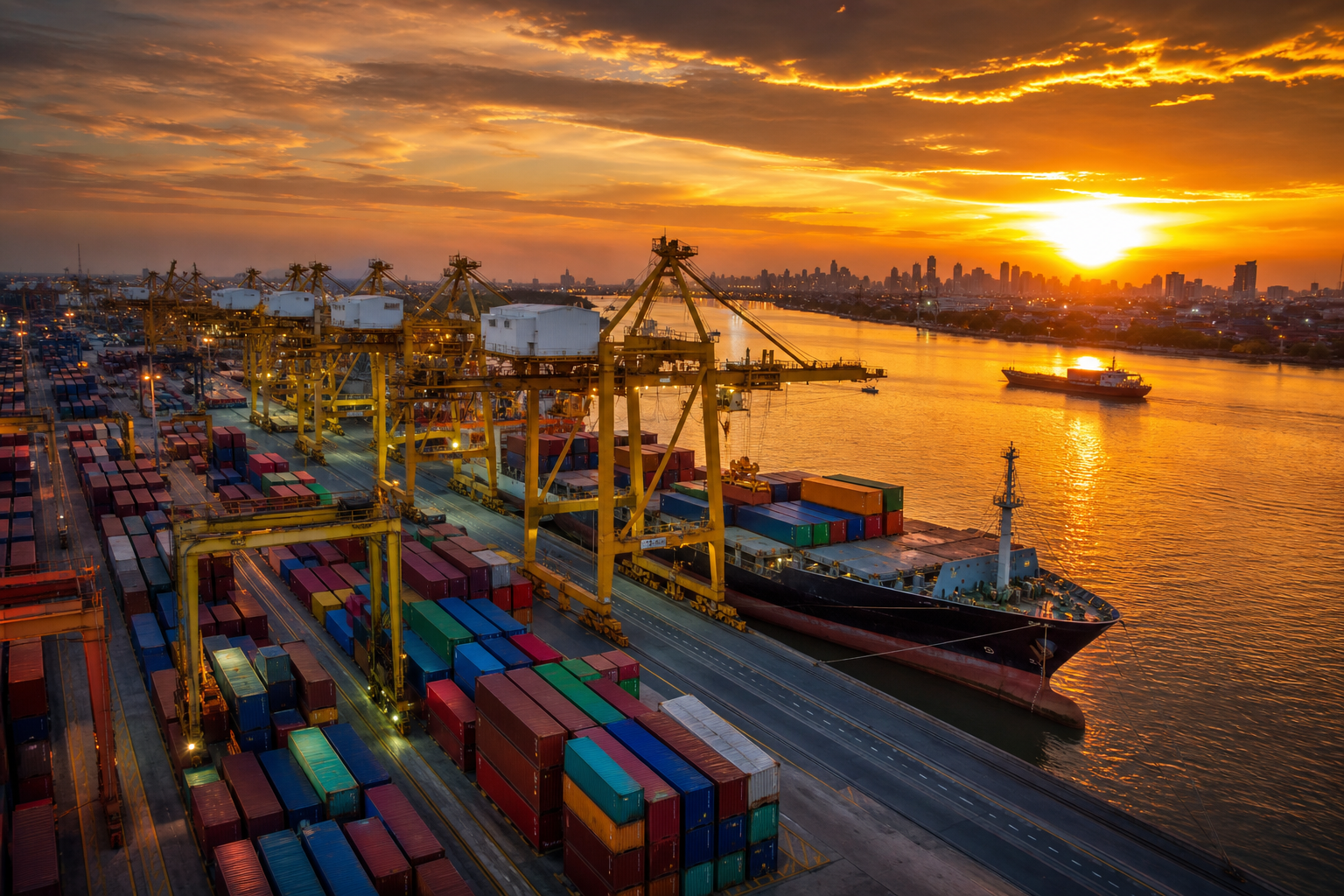 Container ship being loaded at a shipping port at sunset